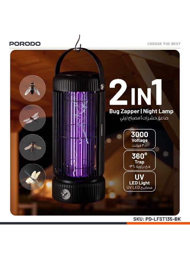 porodo Lifestyle Portable Insect Zapper with 360° Trap & Night Lamp / Built-In UV LED Lamp / Efficient & Non-Toxic / Up to 4 Hours Working  - Black - Image 2
